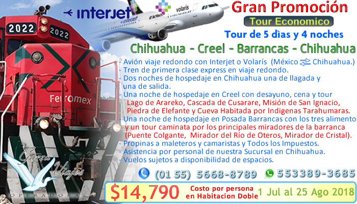 Promocion economica en la sierra tarahumara en las barrancas del cobre tren chepe interjet o volaris